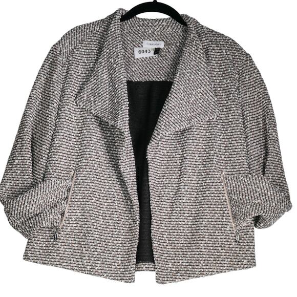 Calvin Klein Knit Blazer Womens Size L Black White Brown Open Crop Moto Jacket - Picture 1 of 9